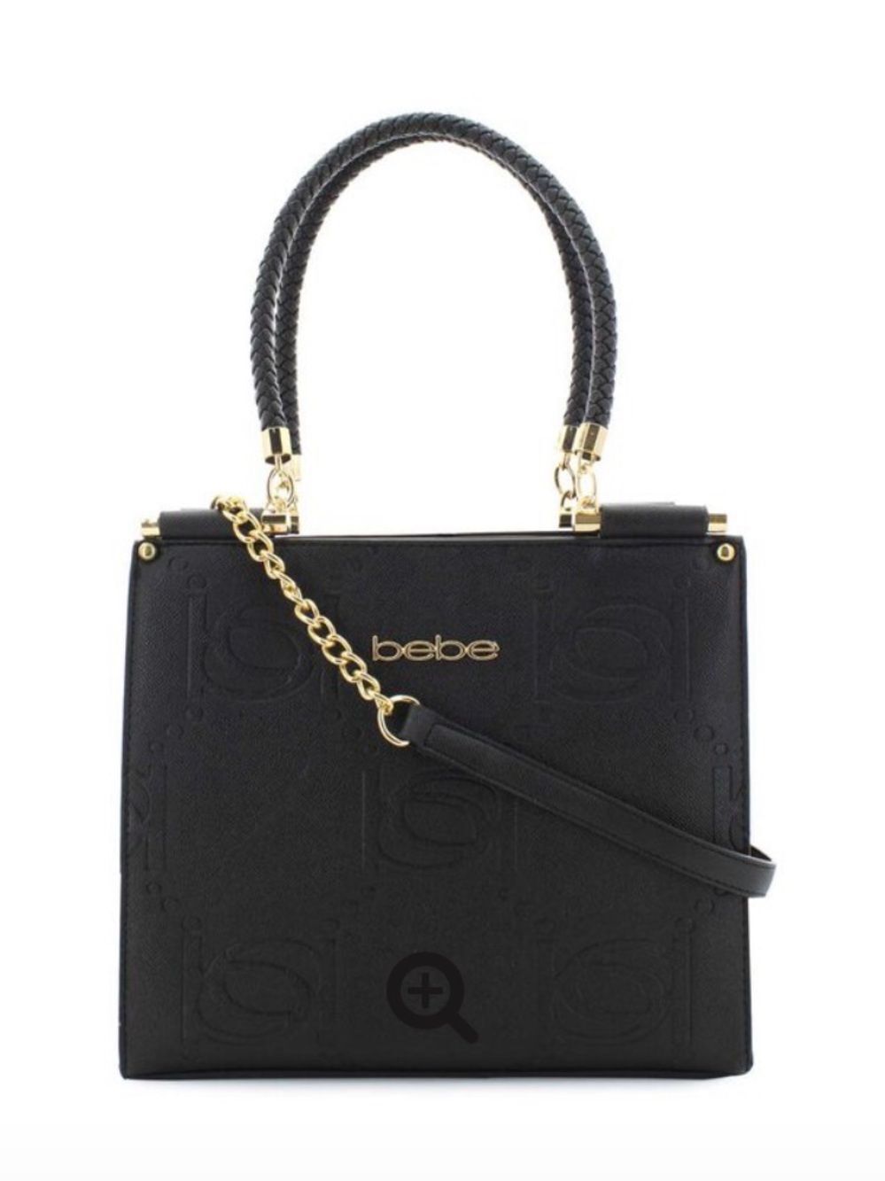 bebe Black Embossed Signature Satchel with Gold Accents